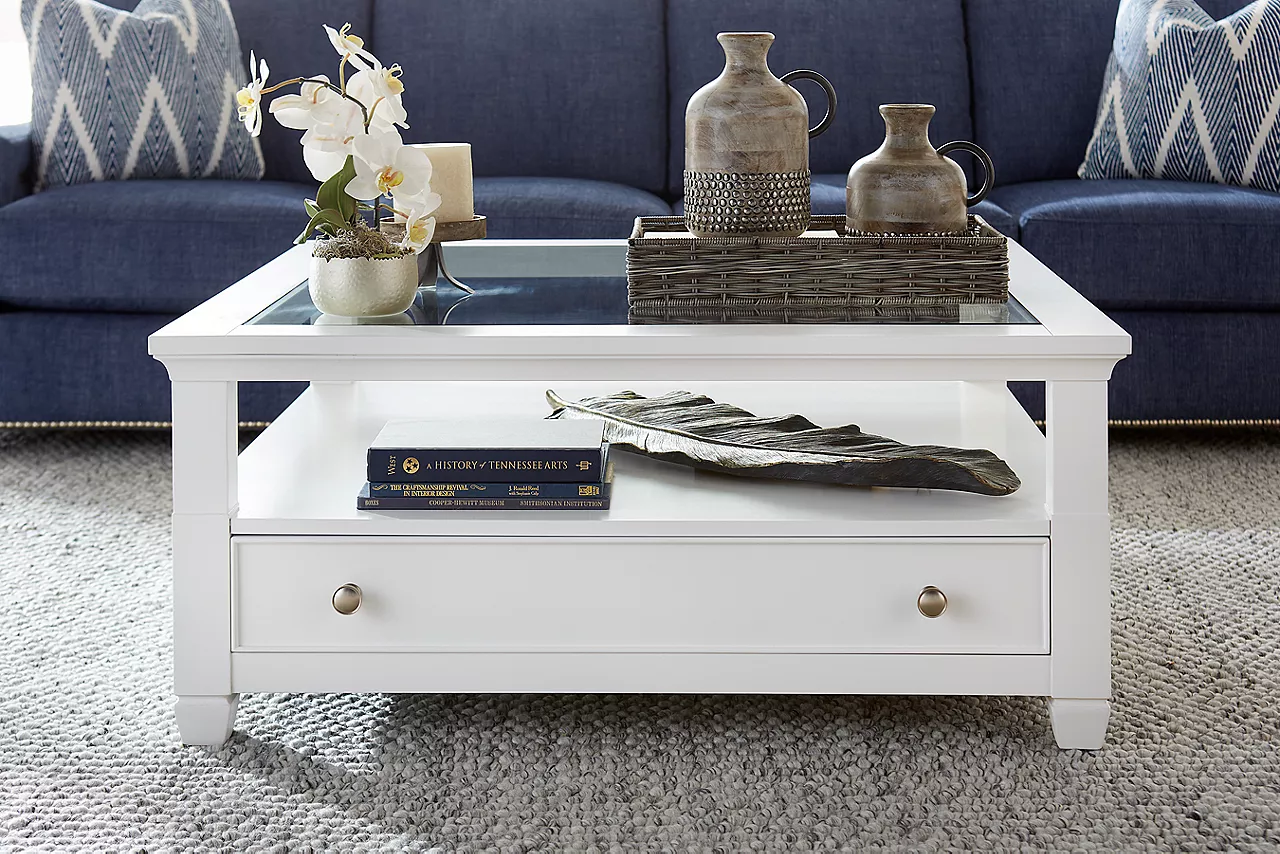The Arlington coffee table in White in room scene.